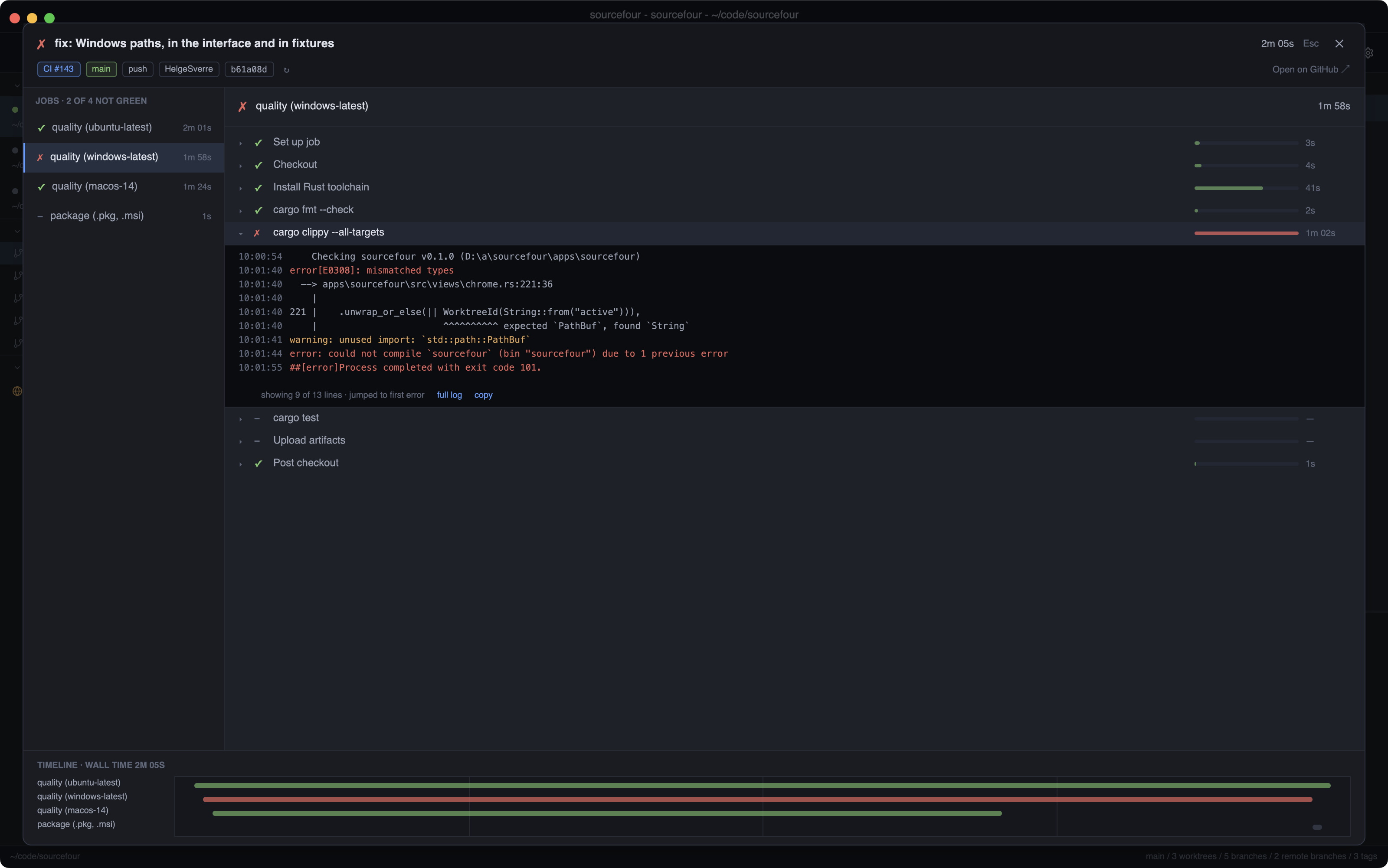 The Actions run overlay: jobs on the left, steps with duration bars on the right, the failing step's log open at the first error, and a timeline of job parallelism below.