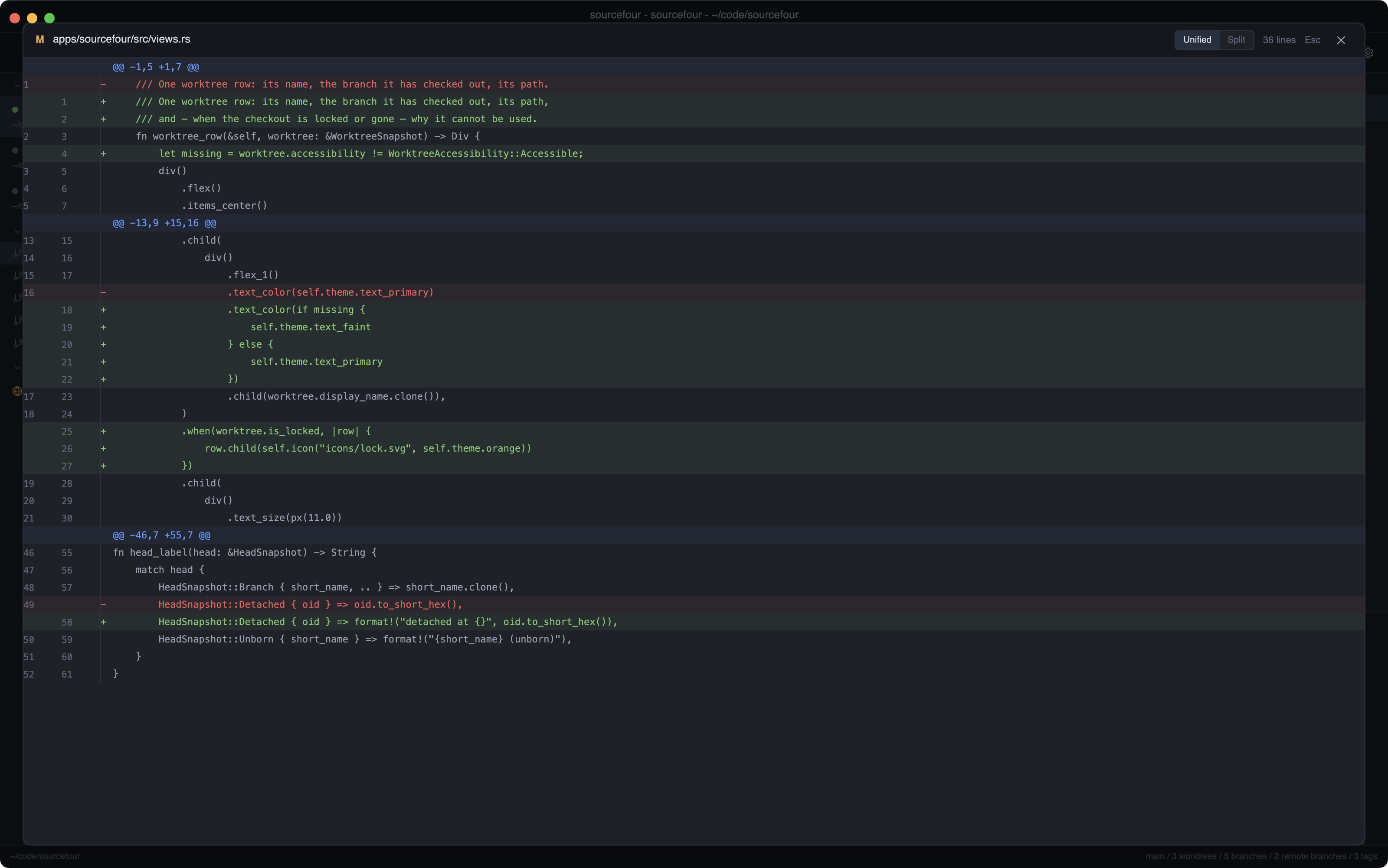 The diff overlay showing a unified diff with added and removed lines and hunk headers.