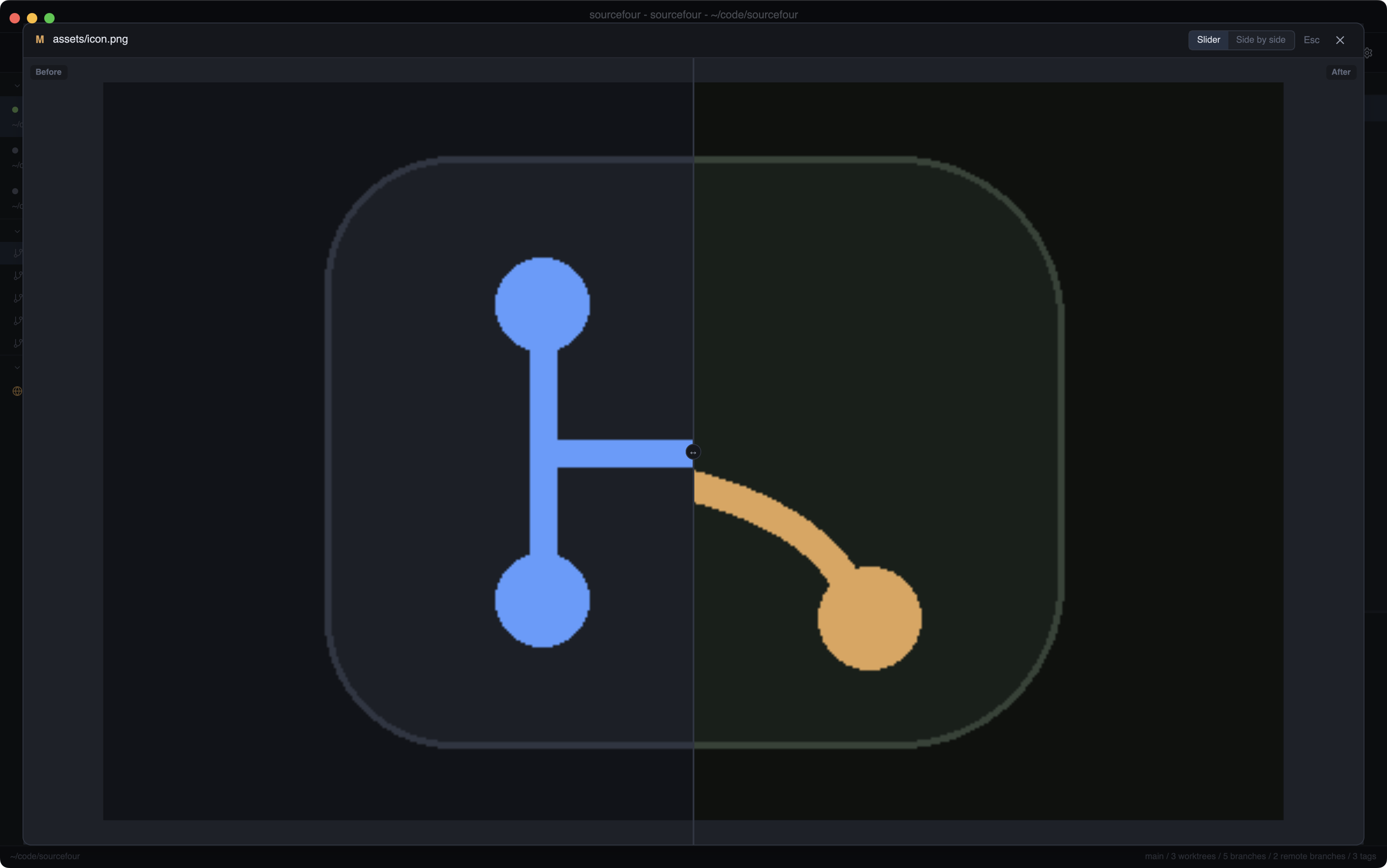 An image diff: the old icon on the left of a draggable divider, the new icon on the right.